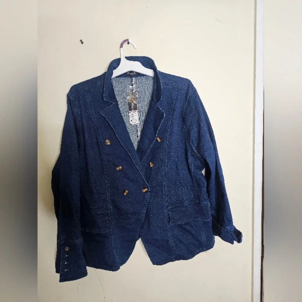 Allegra K Women's Notched Lapel Long Sleeve Button Denim Jacket with Pockets